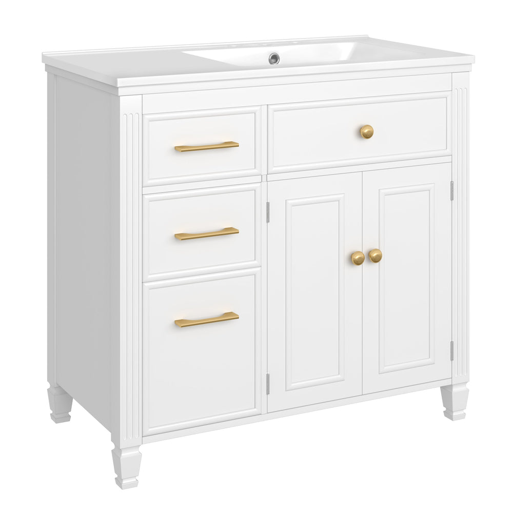English Elm Christopher Knight Home® - 36" Freestanding 36-inch Modern Bathroom Vanity with Ceramic Sink, Ample Storage, Solid Legs, Durable Finish White N759P284623K