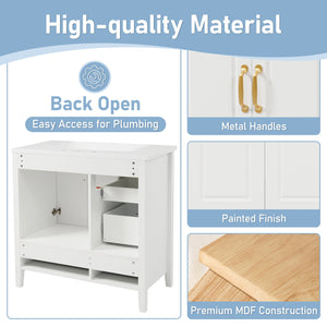 English Elm Christopher Knight Home® - 36" Freestanding Bathroom Vanity with Resin Sink, Soft-Close Doors & Drawers, Gold Alloy Handles, Spacious Storage and Easy Plumbing Access White N759P292552K