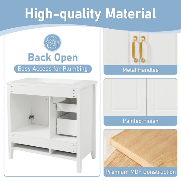 English Elm Christopher Knight Home® - 36" Freestanding Bathroom Vanity with Resin Sink, Soft-Close Doors & Drawers, Gold Alloy Handles, Spacious Storage and Easy Plumbing Access White N759P292552K