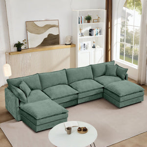English Elm Modular U-Shaped Sectional Sofa, 130.7" Mint Green Chenille Couch Set With Versatile Ottomans W1359S00042