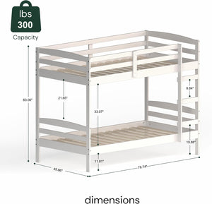English Elm DFW Pine Bunk Bed Twin Over Twin with 11.8" Underbed Storage, Detachable Frames, High Guardrails, White W2301S00002