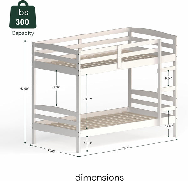English Elm DFW Pine Bunk Bed Twin Over Twin with 11.8" Underbed Storage, Detachable Frames, High Guardrails, White W2301S00002