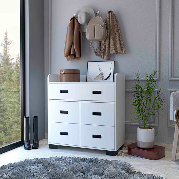 English Elm Anemone Elegant 5-Drawer Dresser with Double Drawer & Spacious Storage, Durable Particleboard Design White 37 L x 21 W x 6 H B128S00079