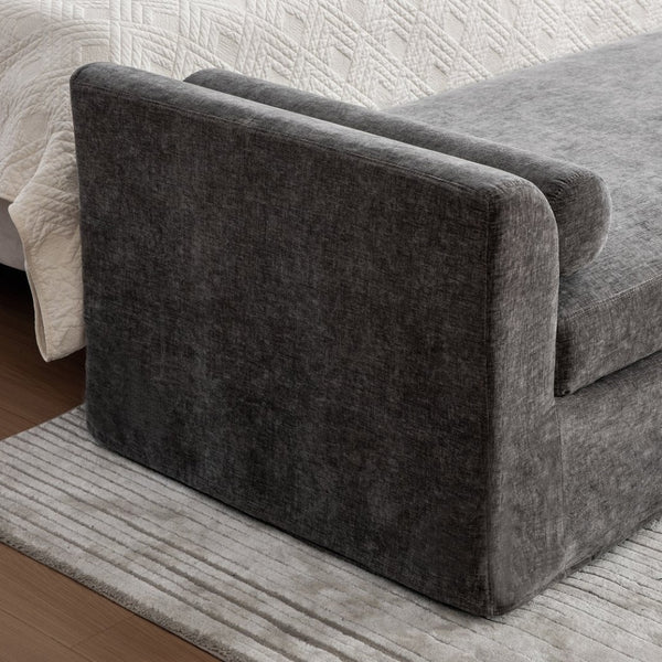 English Elm 88.58" Wide Chenille Upholstered Bench with Curved Armrests and Bolster Pillows for Bedroom Gray W3189S00028