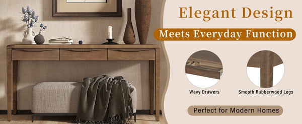 English Elm U_style Oak Veneer Console Table with Three Wave Drawers for Entryway or Foyer Brown N711P401926D