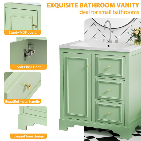 English Elm 30-Inch elegant bathroom vanity with ceramic basin, soft-close drawers, adjustable shelves, durable finish Green N729P176237L