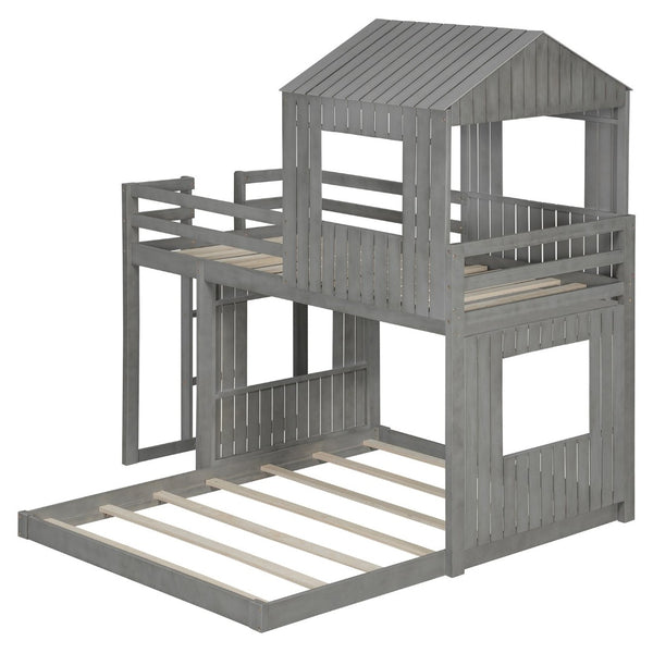 English Elm Wooden Twin Over Full Bunk Bed Farmhouse Playhouse Design with Ladder Guardrails LT000327AAE-1