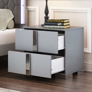 English Elm Elegant Nightstand With Metal Handle,Mirrored Bedside Table With 2 Drawers For Bedroom,Living Room,Grey