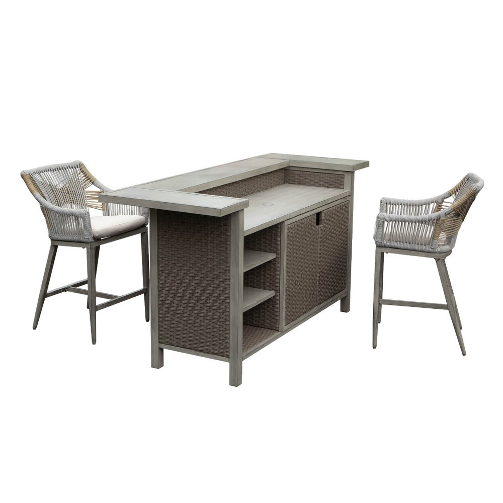 English Elm Outdoor Wicker Aluminum 3 Piece Bar Set with Stools Storage and Propane Compartment W1859S00178