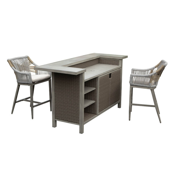 English Elm Outdoor Wicker Aluminum 3 Piece Bar Set with Stools Storage and Propane Compartment W1859S00178