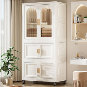 English Elm 25.59" Folding Wardrobe Cabinet on Wheels with Magnetic Door and Hanging Rod Storage W2873P207533
