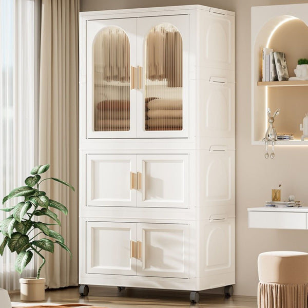 English Elm 25.59" Folding Wardrobe Cabinet on Wheels with Magnetic Door and Hanging Rod Storage W2873P207533