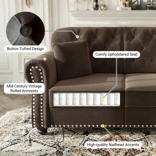 English Elm Upholstered Velvet Chesterfield Sofa with Button Tufting Nailhead Trim and Ottoman Brown W1885S00395