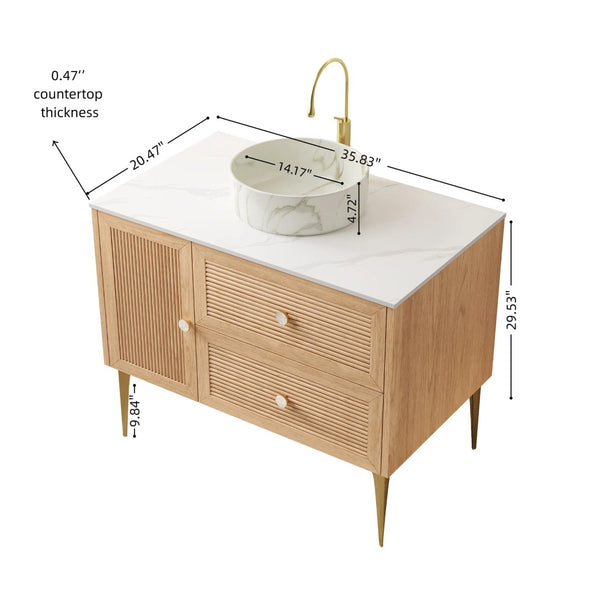 English Elm Dina Floating Bathroom Vanity Sintered Stone Top Glass Basin Striped Plywood Cabinet W2615S00477