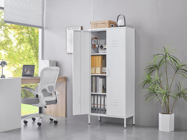 English Elm Metal Locker Cabinet Ventilated Steel Build Adjustable Shelves Industrial Home Organizer White T3625P391459