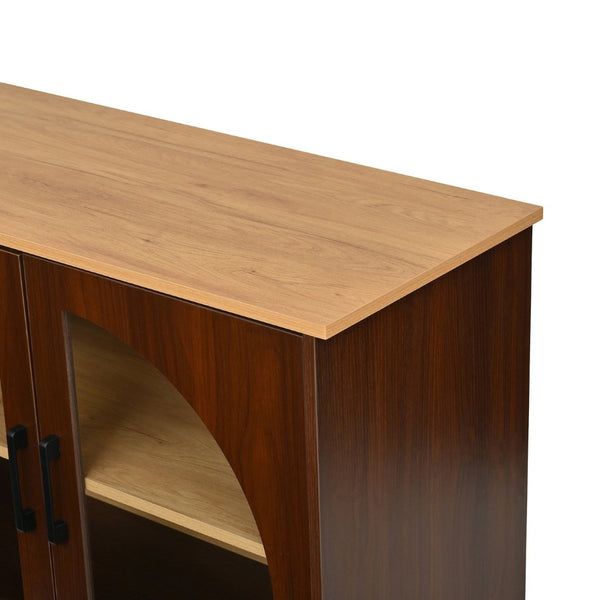 English Elm 3-piece Farmhouse Entertainment Center with Arched Glass Doors and Open Tower Shelving Walnut N721S000070P