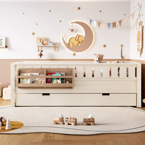 English Elm Twin Kids Platform Bed with Trundle Staircase Bookshelf and Rounded Safety Rails Beige W1580S00556