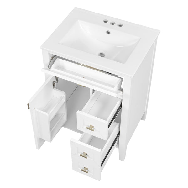 English Elm "24'' 24 Inch Glossy Freestanding Bathroom Vanity with Gold Hardware and Soft Close Storage White Rubberwood N725P448529K