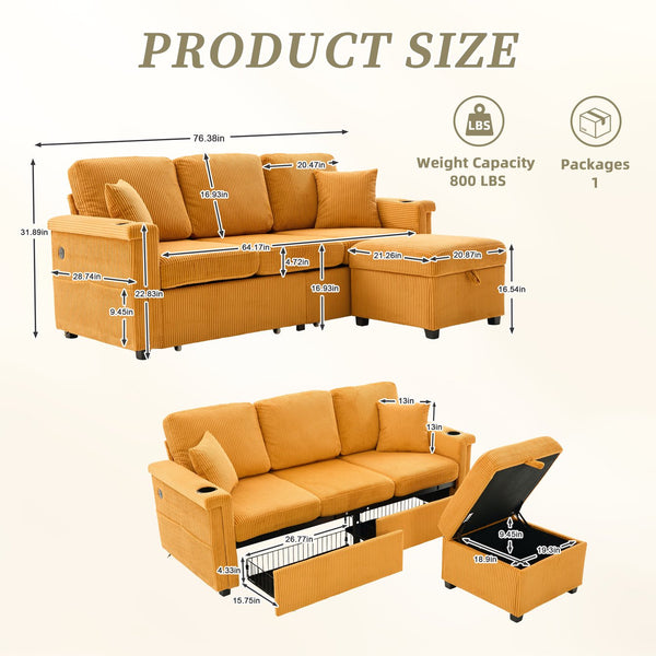 English Elm UNITED Corduroy L-Shaped Sectional Sofa with Storage Ottoman, USB Ports, Cup Holders & LED Lighting Mustard yellow W1568P332403