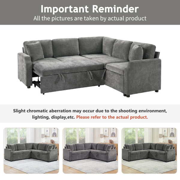 English Elm Sectional Sofa Bed - Versatile L-Shaped Chenille Sofa With Sleeper, Hidden Storage & Pillows, Gray N719S002070E-GIGA