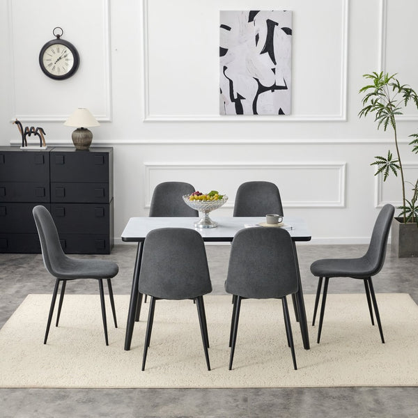 English Elm Table and Chair Set Marble Glass Top with Six Gray Linen Seats Modern Dining W1151S04656