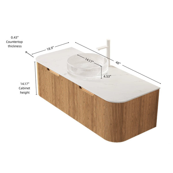 English Elm Dina Floating Bathroom Vanity with Crystal Glass Basin and Sintered Stone Top Aged Blue,Carrara White,Natural Wood,Transparent W2615S00238