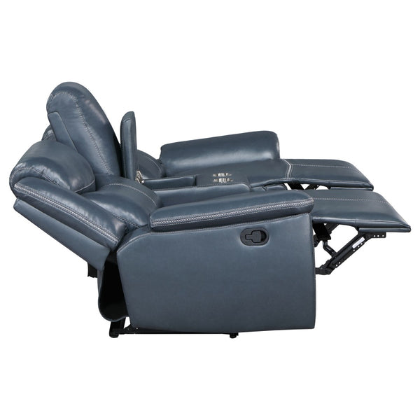 English Elm Stanwicke Blue Motion Reclining Loveseat With Console - Stylish Comfort, Cupholders & Storage Space B062P354056-GIGA