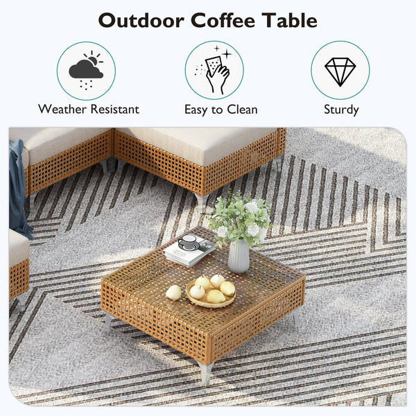 English Elm K&K 8-Piece Patio Conversation Set with 43" 60,000 BTU Propane Fire Pit, UV Wicker & Thick Cushions Beige,Orange N707S000012Z