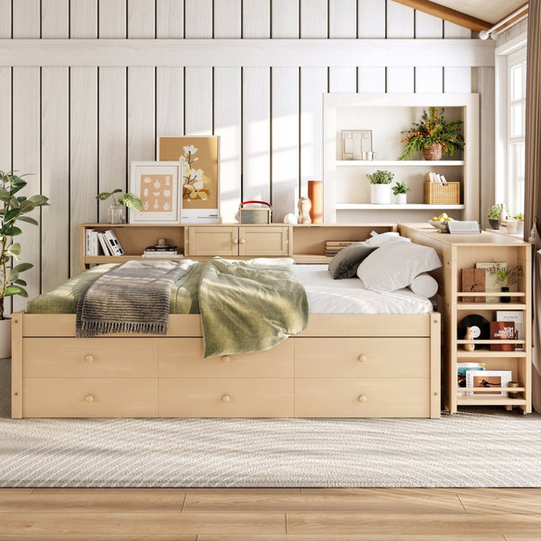 English Elm Twin Daybed Pine Frame with Trundle Desk Hutch Shelves and Storage for Kids Rooms Gold W1580S00463
