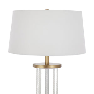English Elm Rope Contemporary Floor Lamp with White Fabric Shade, Natural Wood & Gold Metal Accents by LumiSource B202P224149