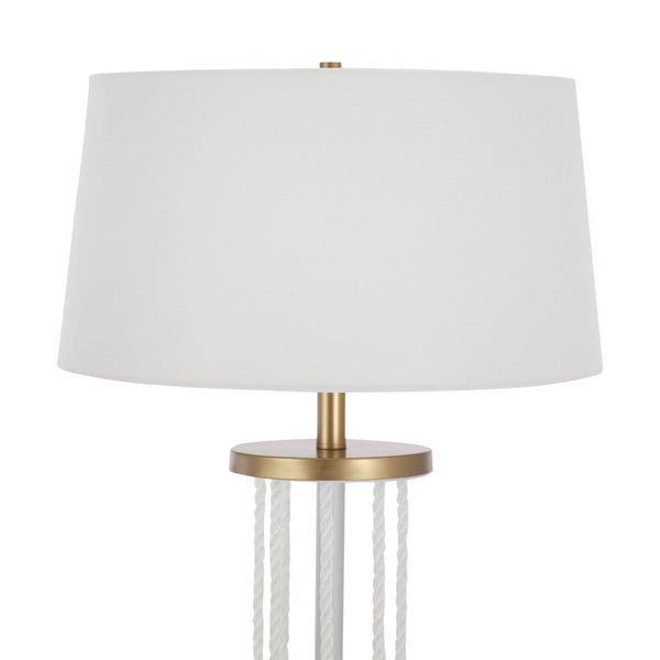 English Elm Rope Contemporary Floor Lamp with White Fabric Shade, Natural Wood & Gold Metal Accents by LumiSource B202P224149