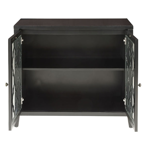 English Elm Black Console Table with Glass Doors and Interior Shelf, Tapered Wood Legs, Knob Handles, Elegant Storage Display B062P189173