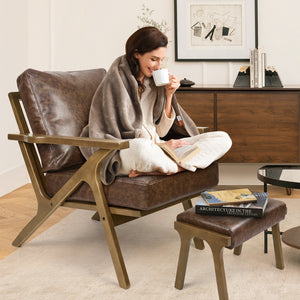 English Elm Mid-Century PU Leather Accent Chair with Ottoman — Ergonomic Thick Upholstery, Flared Legs, Durable Comfort Brown T3950P397488