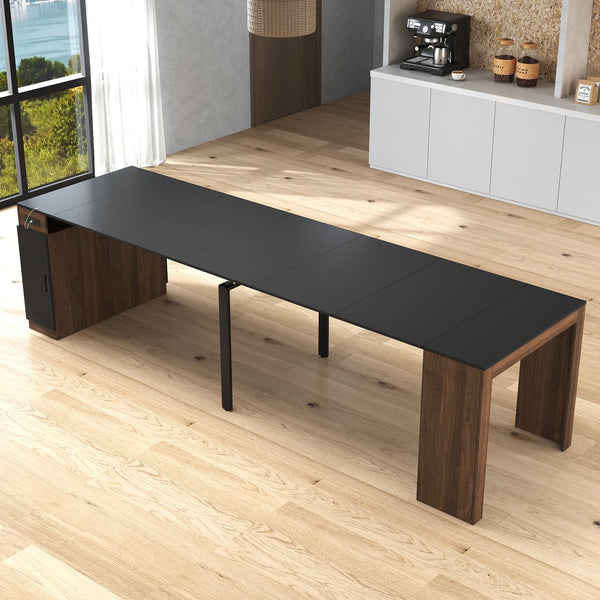 English Elm Modern Expandable Dining Table with Built-In Outlet, 5-Panel Extendable Space-Saving Design for Gatherings Walnut+black W331S00190