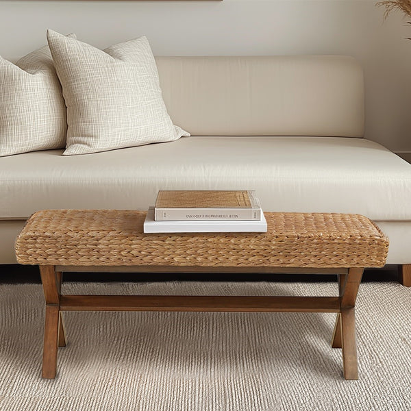 JLA Home INK+IVY - Seadrift Handwoven Water Hyacinth Bench with Chestnut Wood Legs — Coastal Boho Seating, 41.5" wide II105-0256
