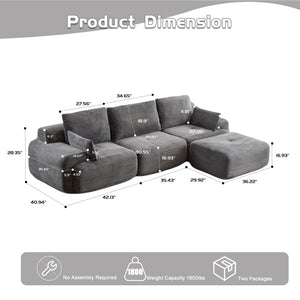 English Elm Modern Memory Foam Compressed Sofa — Pet-Friendly Corduroy Modular Sectional, Cloud-Like Comfort, No Assembly Grey W3723S00011