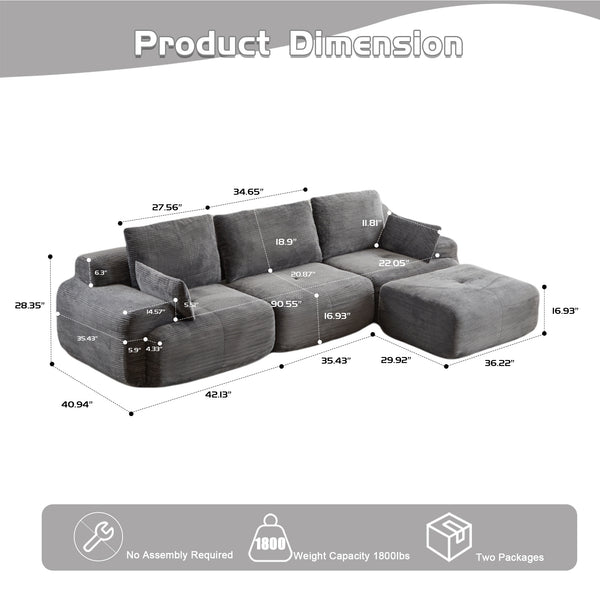 English Elm Modern Memory Foam Compressed Sofa — Pet-Friendly Corduroy Modular Sectional, Cloud-Like Comfort, No Assembly Grey W3723S00011
