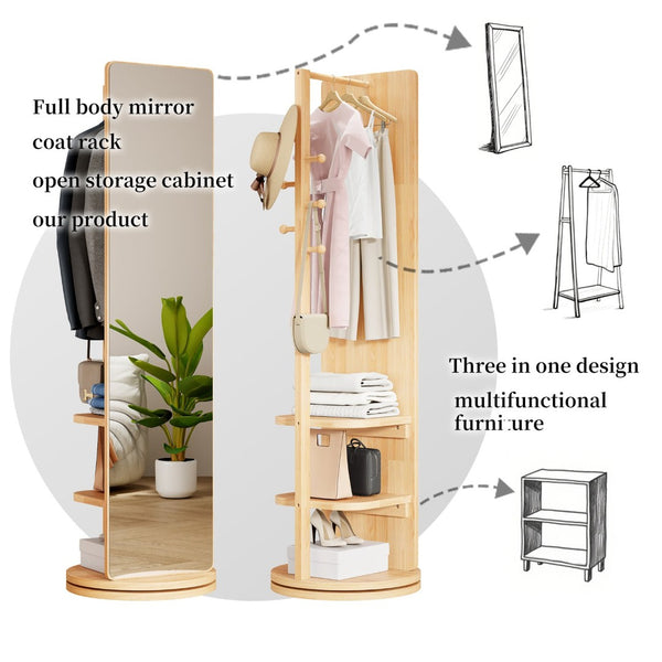 English Elm 360° Rotating Full Length Mirror Solid Wood Coat Hook Rack Freestanding Bedroom Entryway W2987P438049