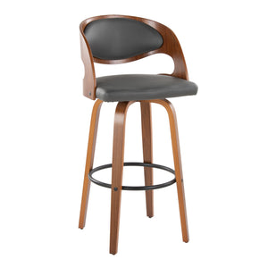 English Elm Pino 30" Mid-Century Barstools Set of 2 — Walnut Bentwood Legs, Grey Faux Leather, 360° Swivel Comfort B202S00634