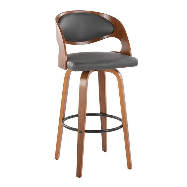 English Elm Pino 30" Mid-Century Barstools Set of 2 — Walnut Bentwood Legs, Grey Faux Leather, 360° Swivel Comfort B202S00634
