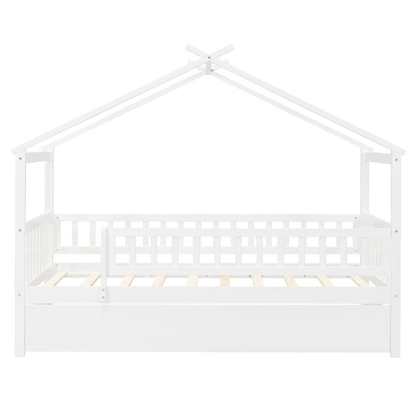 English Elm Twin House Bed with Trundle Solid Pine Frame Walnut Kids Bedroom Sleepover N708P357115K