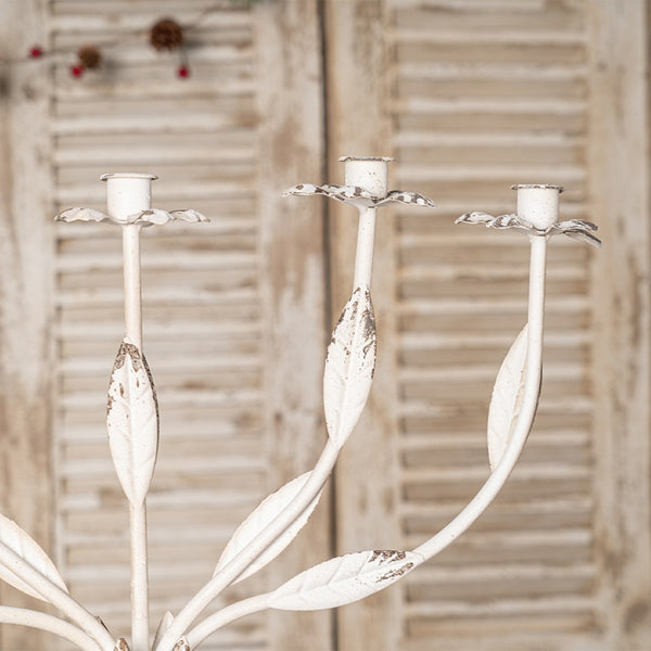 English Elm Vintage Metal Candelabra with Scrollwork Arms and Off-white Patina for Elegant Dining W2946P243906