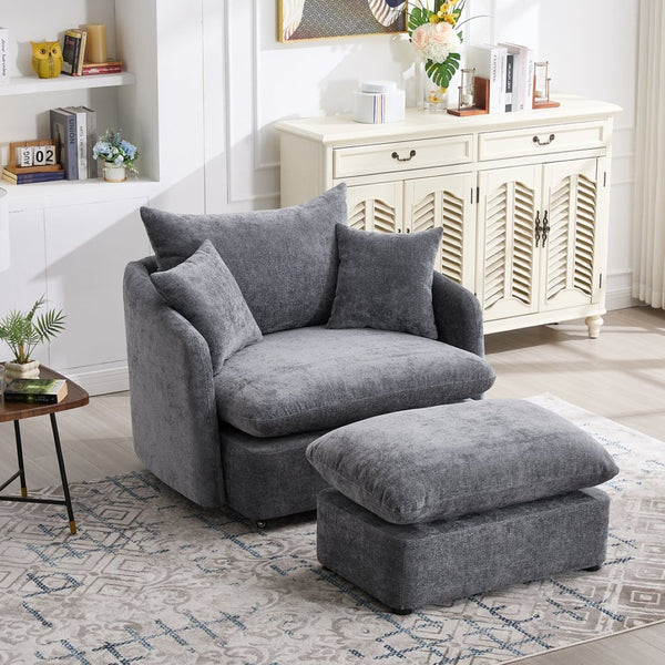 English Elm 360° 360 Swivel Oversized Chenille Armchair with Pocket Spring Seat and Three Throw Pillows Grey W1361S00093