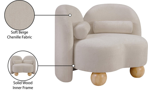 Meridian Furniture Daphne Art Deco Accent Chair Sculptural Curves Ball Legs for Living Room or Bedroom Beige Chenille Fabric 44001Beige-C