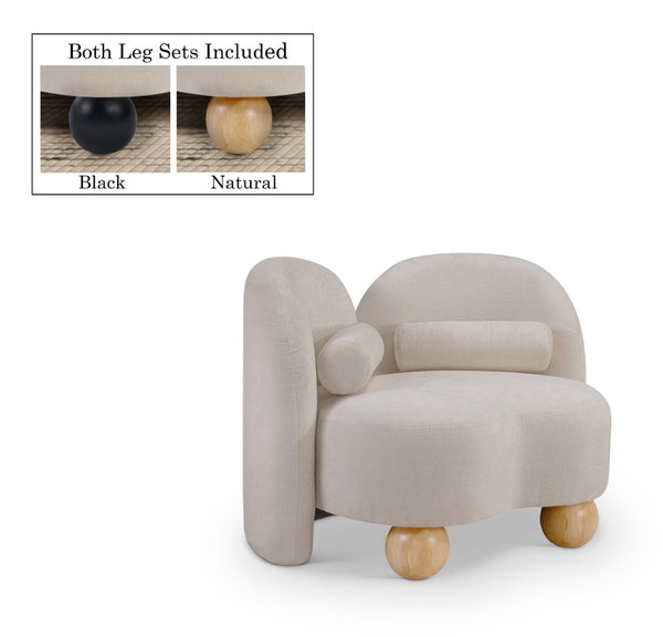Meridian Furniture Daphne Art Deco Accent Chair Sculptural Curves Ball Legs for Living Room or Bedroom Beige Chenille Fabric 44001Beige-C