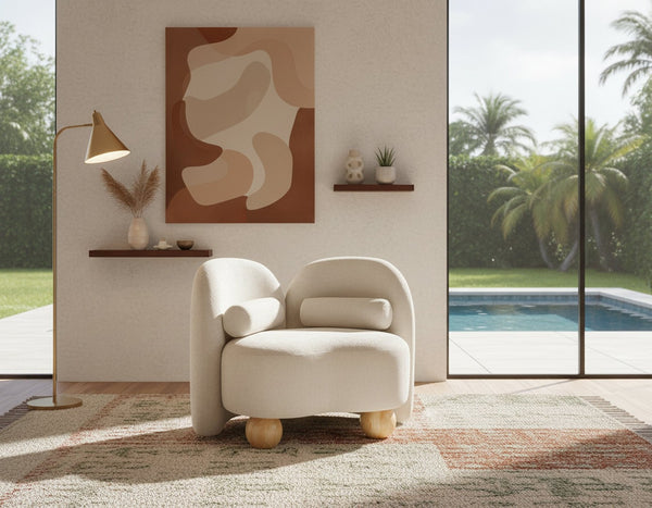 Meridian Furniture Daphne Art Deco Accent Chair Sculptural Curves Ball Legs for Living Room or Bedroom Beige Chenille Fabric 44001Beige-C