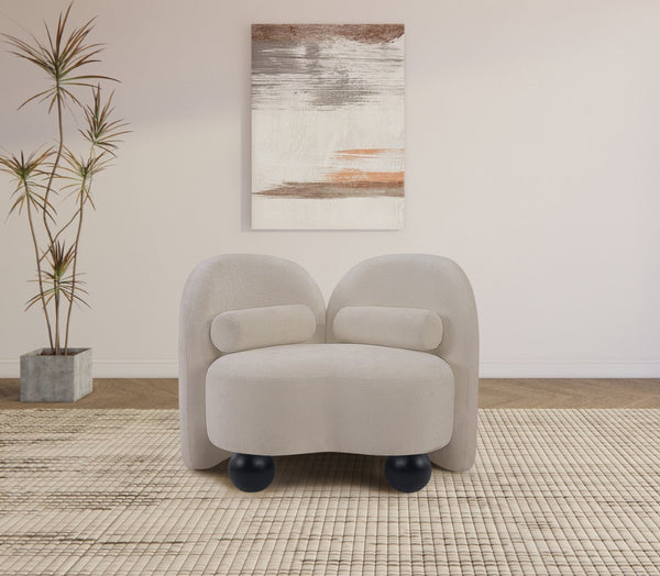 Meridian Furniture Daphne Art Deco Accent Chair Sculptural Curves Ball Legs for Living Room or Bedroom Beige Chenille Fabric 44001Beige-C