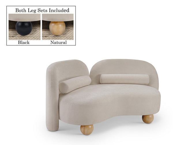 Meridian Furniture Daphne Art Deco Curved Loveseat with Swappable Wood Legs and Plush Upholstery for Living Rooms Beige Chenille Fabric 44001Beige-L