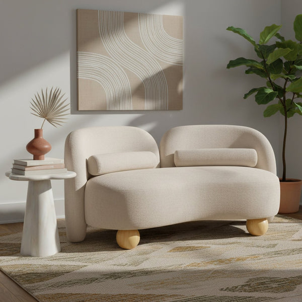 Meridian Furniture Daphne Art Deco Curved Loveseat with Swappable Wood Legs and Plush Upholstery for Living Rooms Beige Chenille Fabric 44001Beige-L