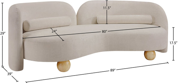 Meridian Furniture Daphne Art Deco Curved Sofa with Deep Seating and Interchangeable Wood Ball Legs for Living Rooms Beige Chenille Fabric 44001Beige-S
